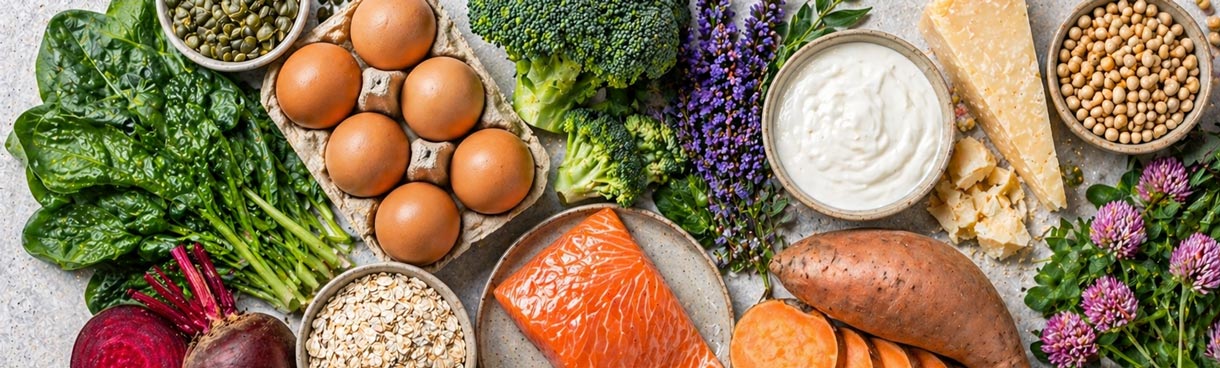 Flatlay mit Hülsenfrüchten, grünem Blattgemüse, Nüssen, Fisch und Beeren — nährstoffreiche Lebensmittel für die Frauengesundheit